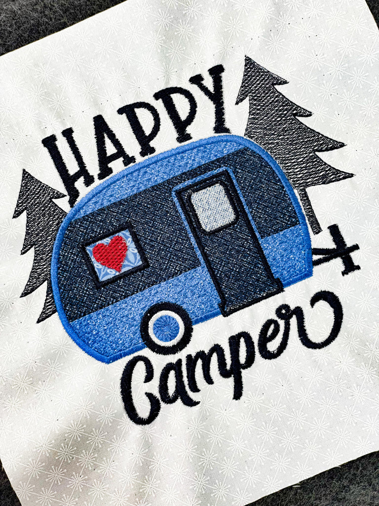 Happy camper embroidery design. Pine trees and a blue camper trailer 