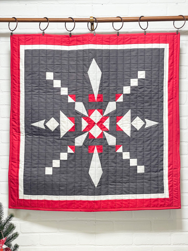 red white gray quilt