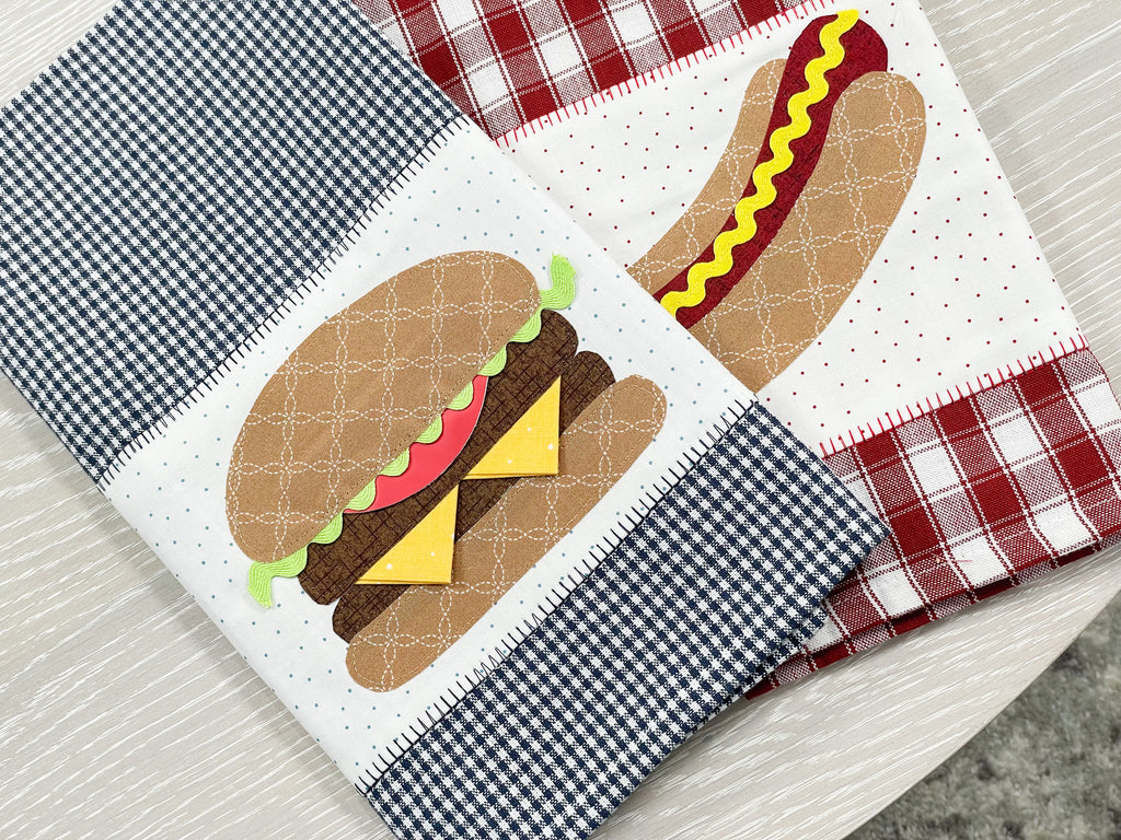 MGQS Monthly Kitchen Kits - June, hamburger, hotdog, ketchup, mustard design