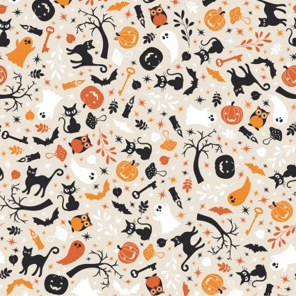 Pumpkins and Potions Cats and Ghosts Cream fabric 