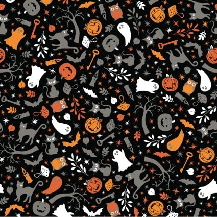 Pumpkins and Potions Cats and Ghosts Black Fabric 