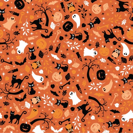 Pumpkins and Potions Cats and Ghosts Orange Fabric 