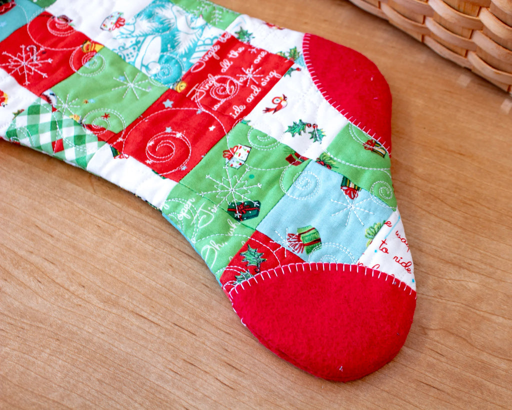 Patchwork Christmas Stocking-Jingle Bells close up