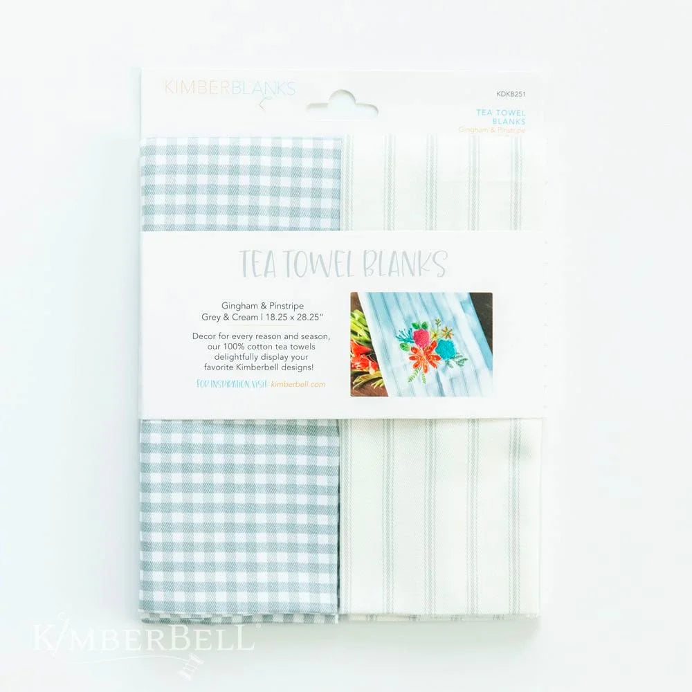 Kimberbell Gingham & Pinstripe Tea Towels Grey & Cream package