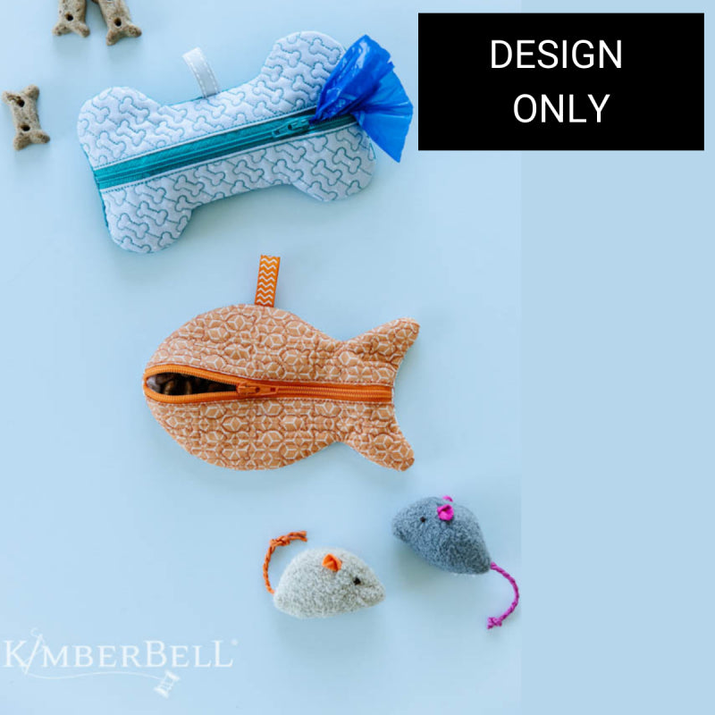 Kimberbell Embroidery Club Design Only - July 2022: Pet Pouches Give a dog a bone & give a cat a fish 